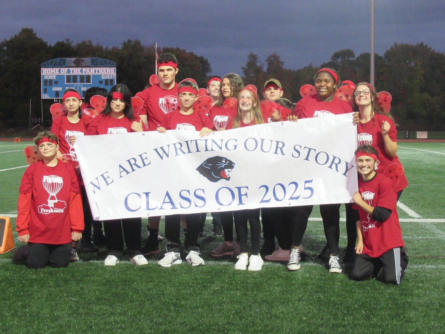 FLYING FROSH: The Class of 2025 came up with “We are writing our story” for the “Battle of the Classes” last week.